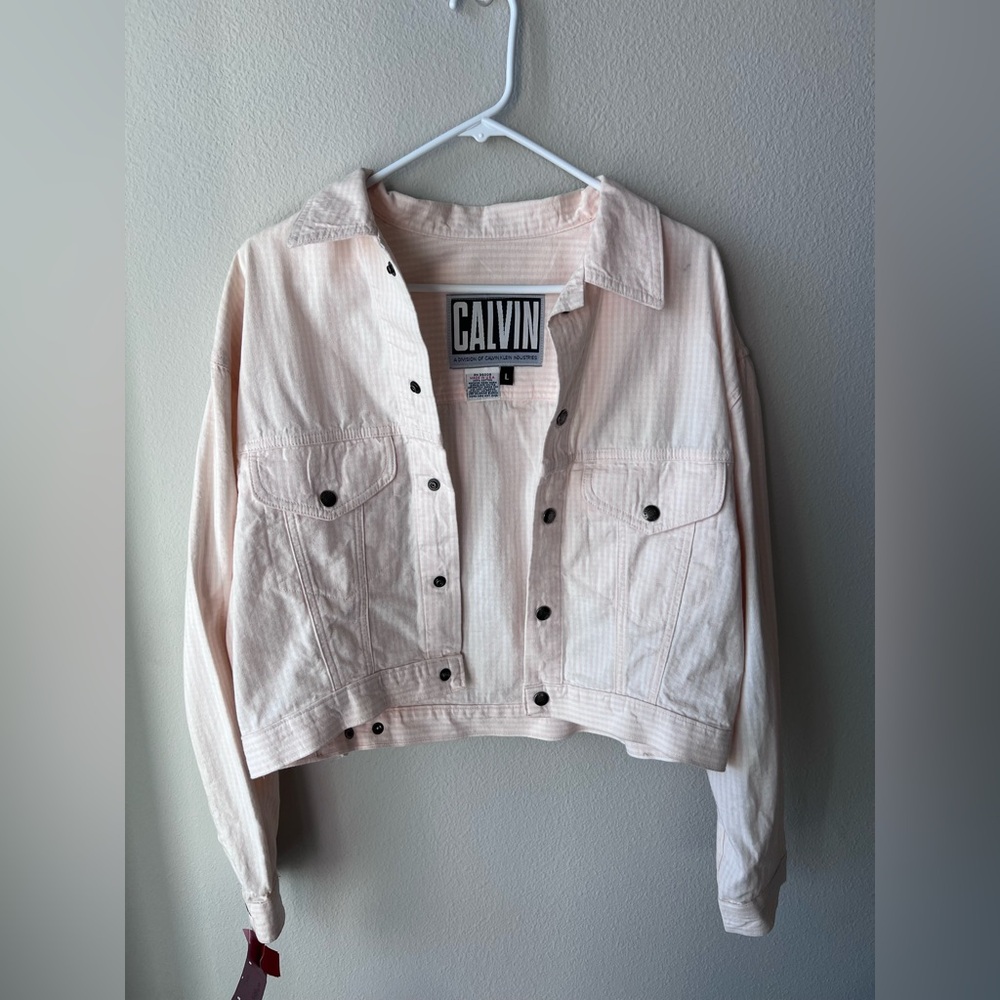 Calvin Klein Vintage Light Pink and White Jean Jacket. Women’s Size Large